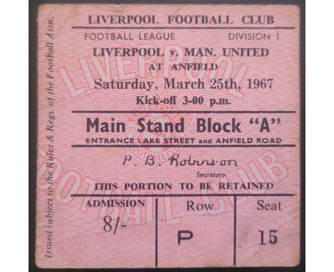 1966-67 LIVERPOOL V MANCHESTER UNITED TICKET
Rare Ticket, slight folds &amp; slight marks
Ref DER