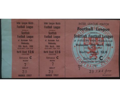 1968 FOOTBALL LEAGUE V SCOTTISH LEAGUE AT MIDDLESBROUGH UNUSED TICKET
Ref BF