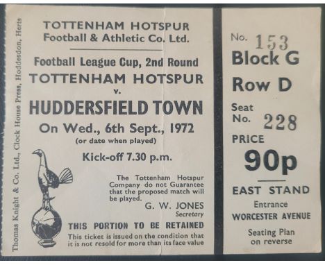 1971-72 TOTTENHAM HOTSPUR V HUDDERSFIELD TOWN LEAGUE CUP TICKET
Slight fold &amp; very small tear
Ref PF
