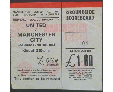1981-82 MANCHESTER UNITED V MANCHESTER CITY TICKET
Slight folds
Ref DER