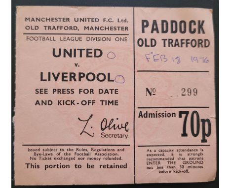 1975-76 MANCHESTER UNITED V LIVERPOOL TICKET
Folds, score &amp; date noted
Ref DER