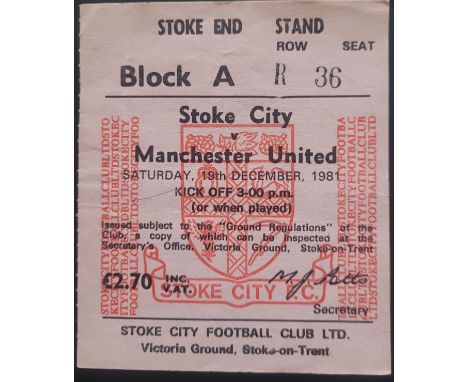 1981-82 STOKE CITY V MANCHESTER UNITED TICKET
Very slight fold
Ref DER