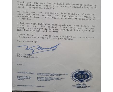 MOTOR RACING TONY BROOKS ORIGINAL SIGNED LETTER
Charles Anthony Standish Brooks (25 February 1932 – 3 May 2022) was a British