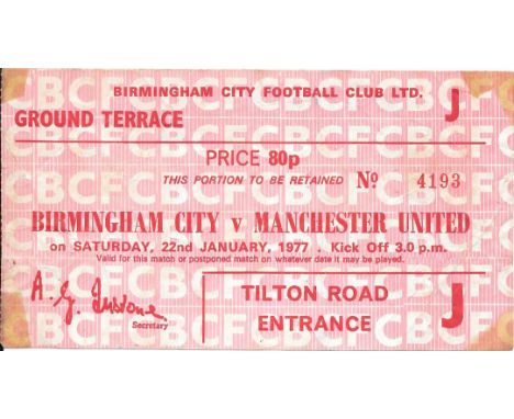 1976-77 BIRMINGHAM CITY V MANCHESTER UNITED TICKET
Tape marks on corners
Ref SM