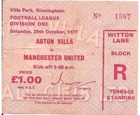 1977-78 ASTON VILLA V MANCHESTER UNITED TICKET
Small amount of paper residue on back where removed from scrapbook
Ref SM