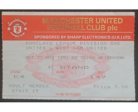 1991-92 MANCHESTER UNITED V WEST HAM TICKET
Ref DER