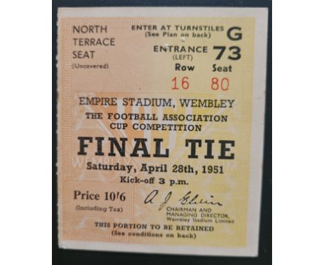 1951 FA CUP FINAL BLACKPOOL V NEWCASTLE UNITED TICKET&nbsp;
Two small staple holes &amp; slight marks on rear of ticket
Ref B