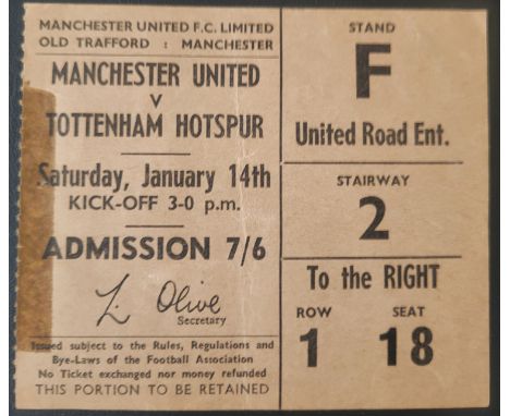 1966-67 MANCHESTER UNITED V TOTTENHAM HOTSPUR TICKET
Old tape mark along one edge
Ref PF