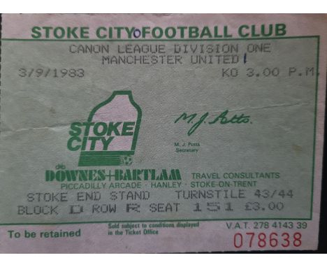 1983-84 STOKE CITY V MANCHESTER UNITED TICKET
Slight folds, score noted &amp; slight marks
Ref DER