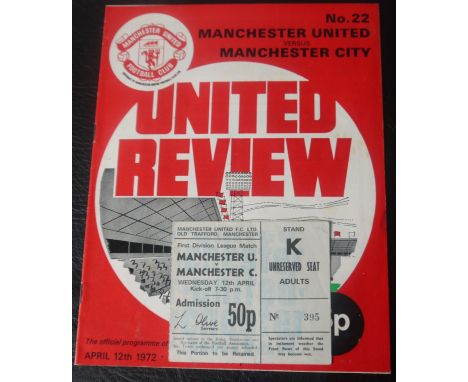 1971-72 MANCHESTER UNITED V MANCHESTER CITY PROGRAMME &amp; TICKET
12th April 1972 good condition&nbsp;
Ref W23