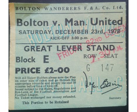 1978-79 BOLTON WANDERERS V MANCHESTER UNITED TICKET
Slight folds
Ref DER