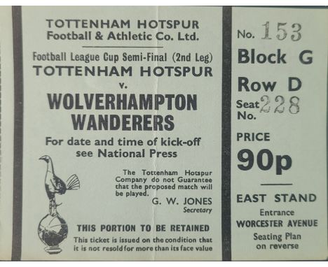 1972 TOTTENHAM HOTSPUR V WOLVERHAMPTON WANDERERS LEAGUE CUP S/F TICKET
Very slight fold
Ref PF