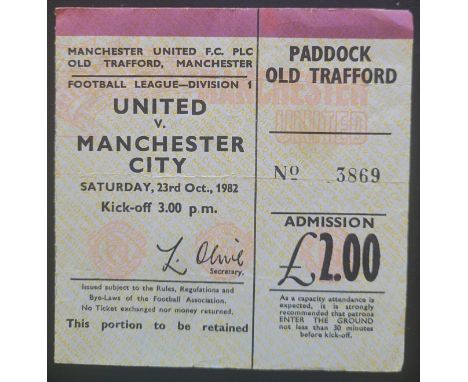 1982-83 MANCHESTER UNITED V MANCHESTER CITY TICKET
Slight folds
Ref DER