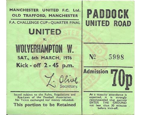 1975-76 MANCHESTER UNITED V WOLVERHAMPTON WANDERERS FA CUP TICKET
Fold
Ref SM