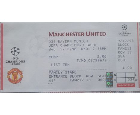 1998-99 MANCHESTER UNITED V BAYERN MUNICH CHAMPIONS LEAGUE UNUSED TICKET
Ticket from the Treble Winning Season
Good condition