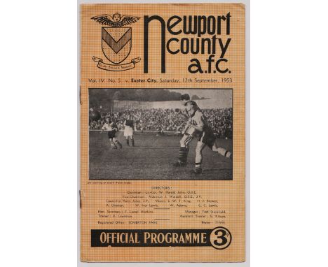 1953/54 NEWPORT COUNTY V EXETER CITY
Light fold and rusty staples, otherwise good.  Ref. T. 