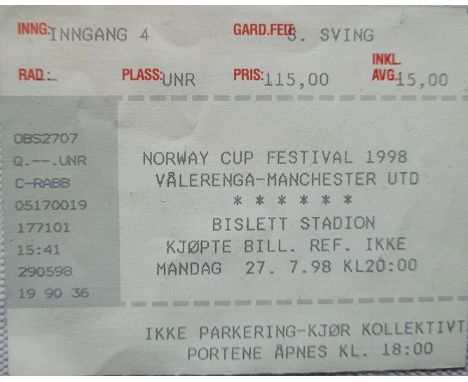 1998-99&nbsp; VALERENGA V MANCHESTER UNITED NORWAY CUP FESTIVAL TICKET
Ticket from the Treble Winning Season
Good condition
R