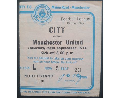 1976-77 MANCHESTER CITY V MANCHESTER UNITED TICKET
Slight fold
Ref DER