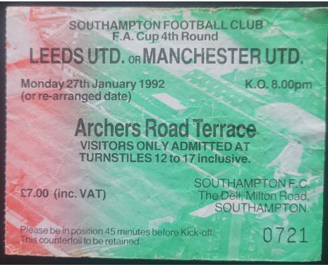 1991-92 SOUTHAMPTON V MANCHESTER UNITED FA CUP 4TH ROUND TICKET
Folds
Ref DER