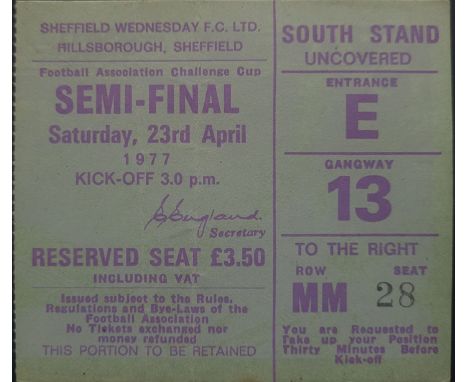 1976-77 FA CUP SEMI-FINAL MANCHESTER UNITED V LEEDS UNITED TICKET
Played at Hillsborough
Slight folds
Ref DER