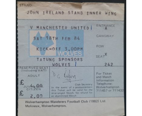 1983-84 WOLVERHAMPTIN WANDERERS V MANCHESTER UNITED TICKET
Small tear &amp; score noted
Ref DER