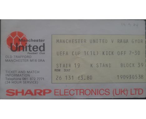 1984-85 MANCHESTER UNITED V RABA GYOR UEFA CUP TICKET
Slight fold and date noted in pencil
Ref DER