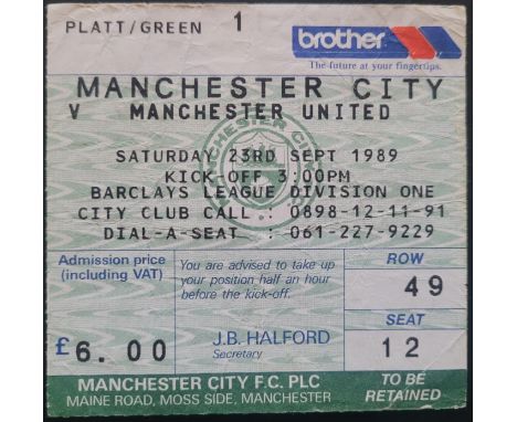 1989-90 MANCHESTER CITY V MANCHESTER UNITED TICKET
Slight folds
Ref DER
