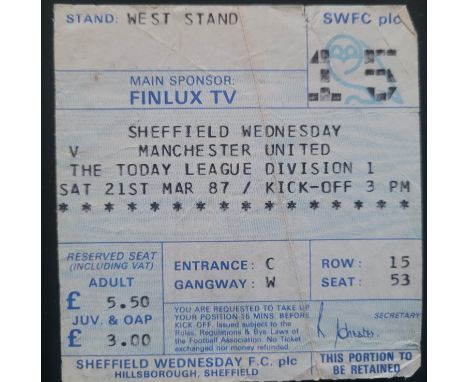 1986-87 SHEFFIELD WEDNESDAY V MANCHESTER UNITED TICKET
Folds
Ref DER