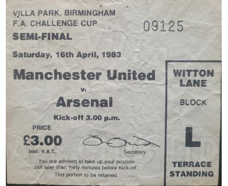1982-83 FA CUP SEMI-FINAL MANCHESTER UNITED V ARSENAL TICKET
Played at Villa Park
Folds
Ref DER