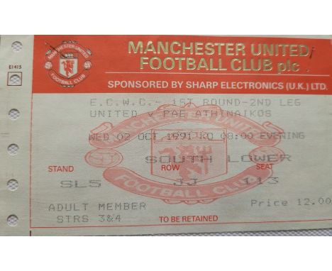 1991-92 MANCHESTER UNITED V PAE ATHINAIKOS ECWC TICKET
Good condition with small staple holes
Ref DER