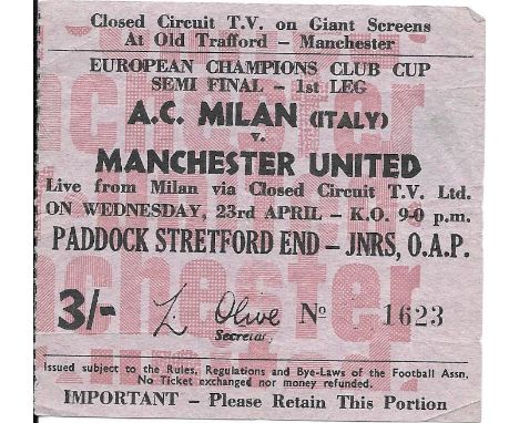 1968-69 A.C. MILAN V MANCHESTER UNITED EUROPEAN CUP S/F BEAM BACK TO OLD TRAFFORD TICKET
Folds
Ref SM
