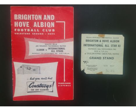 1961 BRIGHTON V INTERNATIONAL ALL STARS PROGRAMME &amp; TICKET
Joe Wilsons Testinonial
Programme - slight folds
Ticket - worn