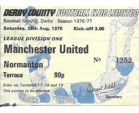 1976-77 DERBY COUNTY V MANCHESTER UNITED TICKET
A little paper residue on rear where removed from a scrapbook
Ref SM
