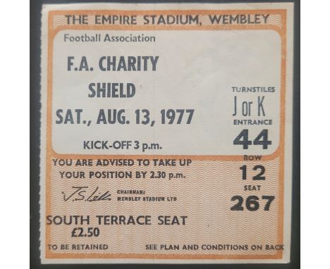 1977 FA CHARITY SHIELD LIVERPOOL V MANCHESTER UNITED TICKET
Slight fold
Ref DER
&nbsp;