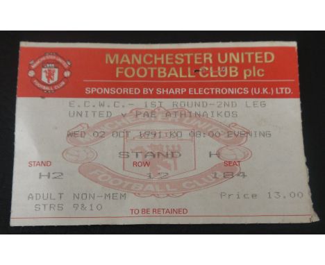 1991-92 MANCHESTER UNITED V PAEATHINAIKOS ECWC TICKET
2nd October 1991 1st round 2nd leg&nbsp;
Staple holes
Ref W23