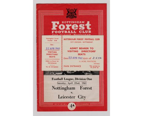 1960/61 NOTTINGHAM FOREST V LEICESTER CITY UNUSED DIRECTORS SEAT TICKET
Pogramme included. Ticket in very good condition. REF