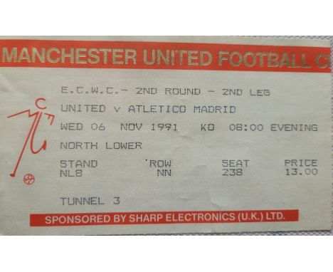 1991-92 MANCHESTER UNITED V ATLETICO MADRID ECWC TICKET
Good condition with very slight fold
Ref DER