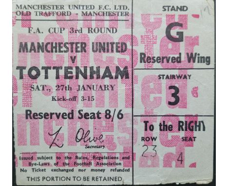 1967-68 MANCHESTER UNITED V TOTTENHAM HOTSPUR FA CUP TICKET
Folds, small nicks to edges
Ref DER