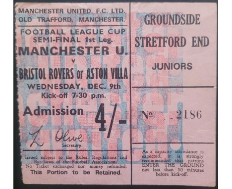 1969-70 LEAGUE CUP SEMI-FINAL MANCHESTER UNITED V ASTON VILLA TICKET
Slight fold
Ref DER
