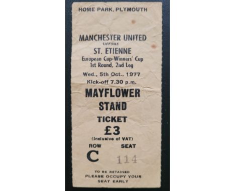 1977-78 MANCHESTER UNITED V ST ETIENNE ECWC PLAYED AT PLYMOUTH TICKET
Very rare ticket
Folds &amp; slight marks
Ref DER