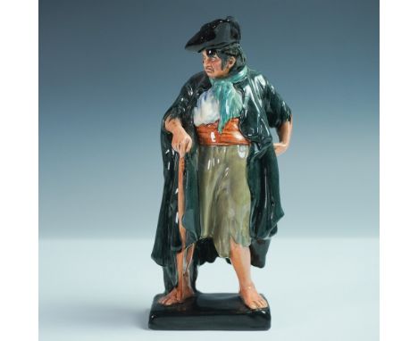 This Royal Doulton figurine, titled The Beggar (HN2175), depicts a barefoot man in tattered clothing, leaning on a walking st