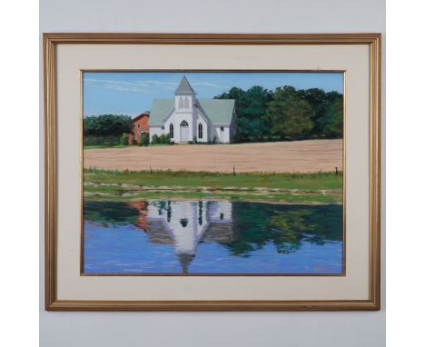 A serene pastel landscape by artist KM Beek, depicting a white church with its reflection mirrored in the calm waters below. 