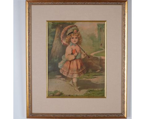 A charming 19th-century chromolithograph depicting a young girl in Victorian attire, holding a parasol and a small book while