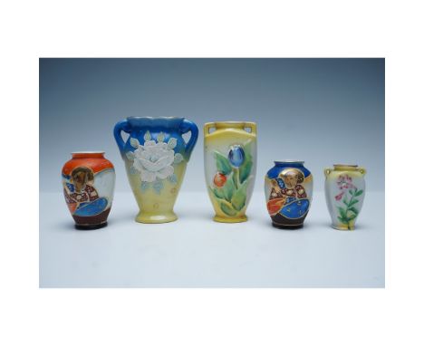 A set of five vintage hand-painted porcelain vases, including three marked "Made in Occupied Japan" and two marked "Japan." T