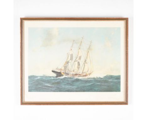 Framed maritime print after an original painting by O.W. Dahlstrom in the B&amp;W Museum, Copenhagen, depicting the Danish tr