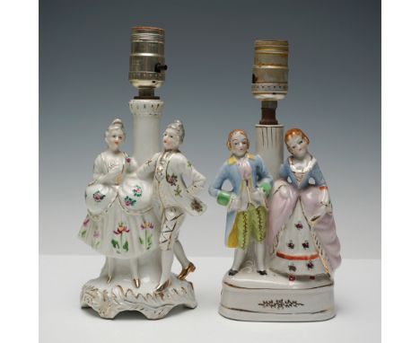 A lovely pair of hand-painted porcelain figural table lamps, marked "Made in Occupied Japan," featuring elegant 18th-century-