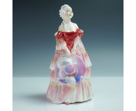 This hand-painted figurine depicts a refined woman in an 18th-century-style gown with a flowing, ruffled skirt and puffed sle
