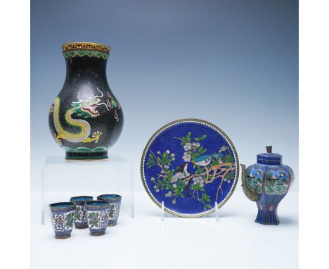 A striking 7-piece collection of Chinese cloisonne enamelware, featuring exquisite craftsmanship and vibrant enamelwork. The 