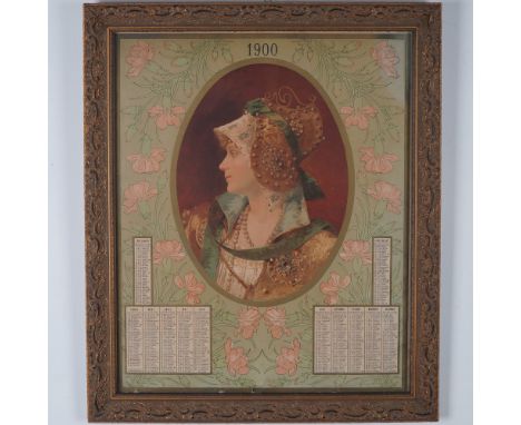 A beautifully framed 1900 Art Nouveau calendar lithograph featuring a finely detailed portrait of a woman in a richly dressed