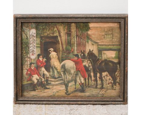 Vintage framed print depicting a traditional English fox hunting scene featuring riders in red coats, horses, hounds, and a l